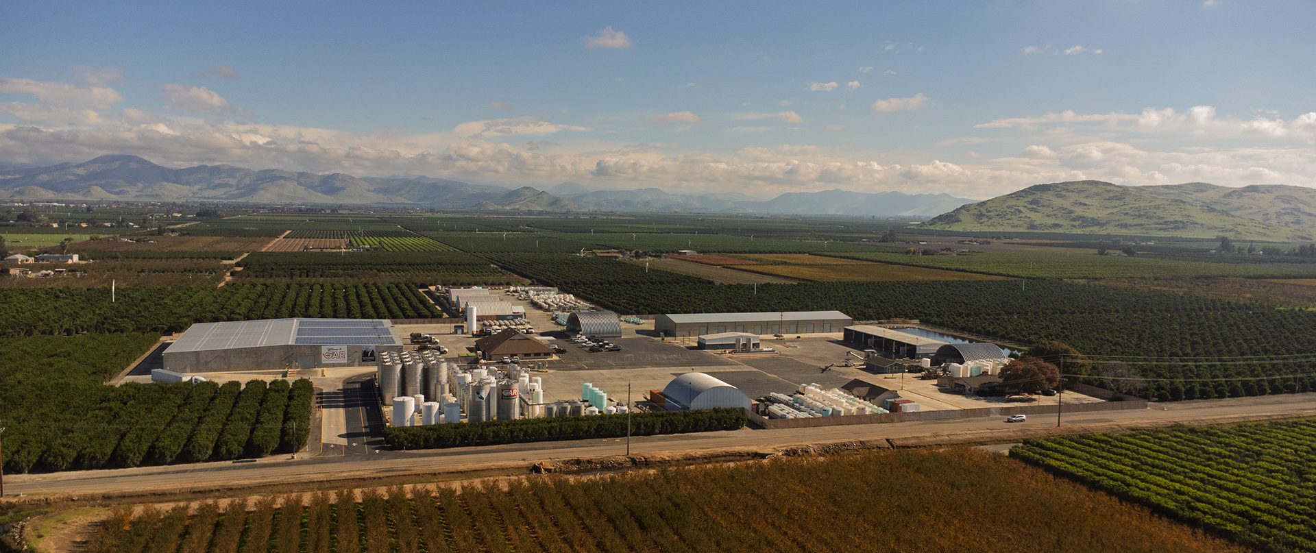 Aerial view of the GAR facility and yard in Reedley, California, surrounded by Central Valley farmland